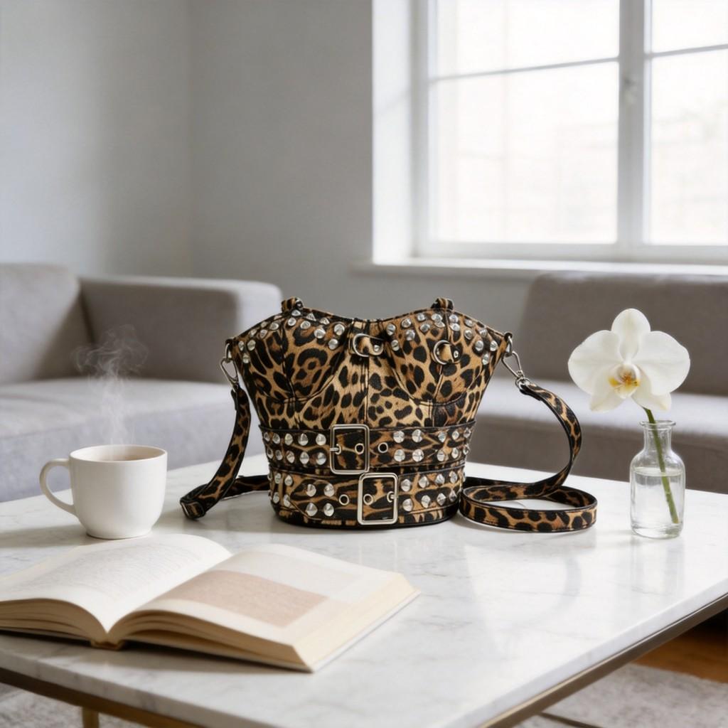 Punk Style Studded Leather Crossbody Bag With Zipper Closure For Daily Use