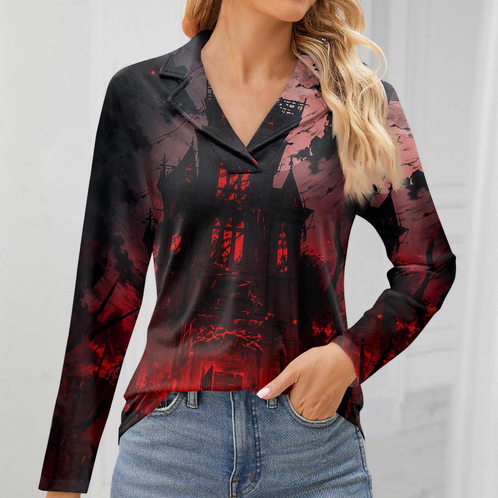 

Женская мода для отдыха с длинным рукавом и V-образным вырезом с принтом на Хэллоуин S