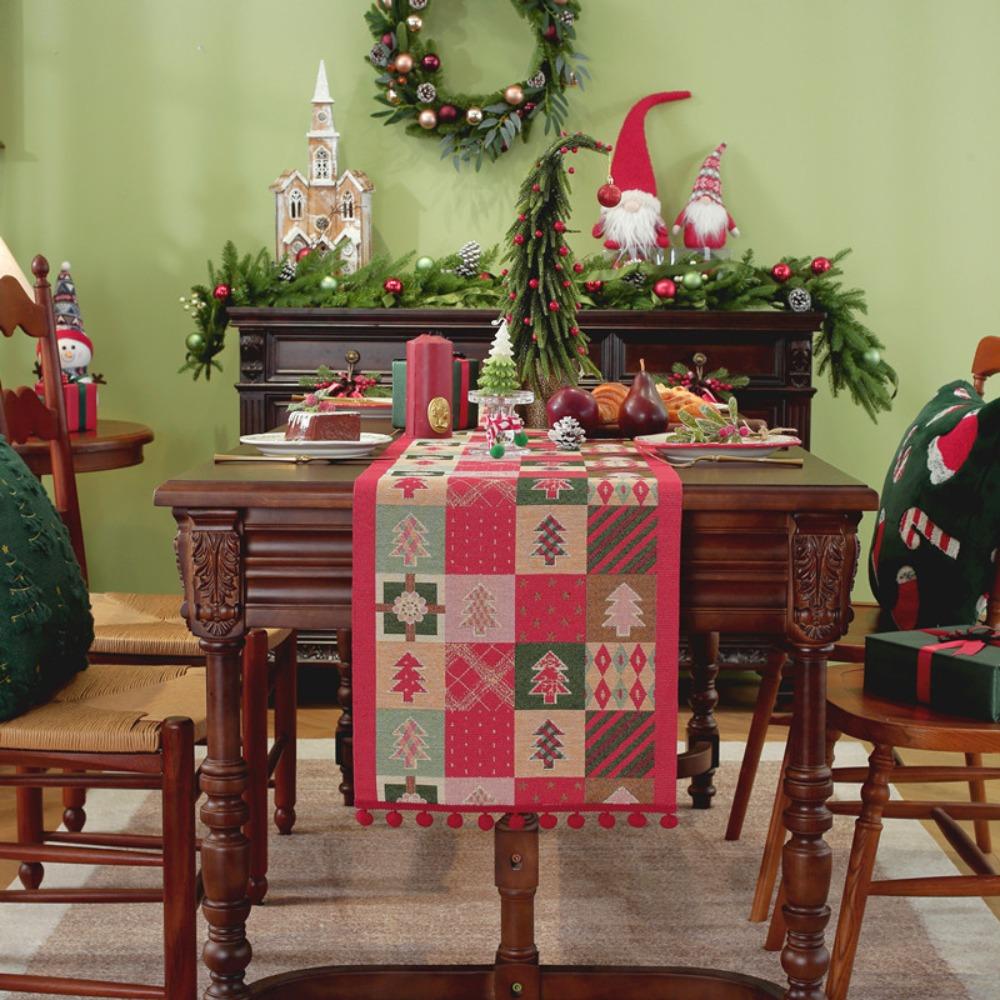 Festive Jacquard Tablecloth Christmas Tree Plaid Polycotton Table Runner Decorative Dining Cover