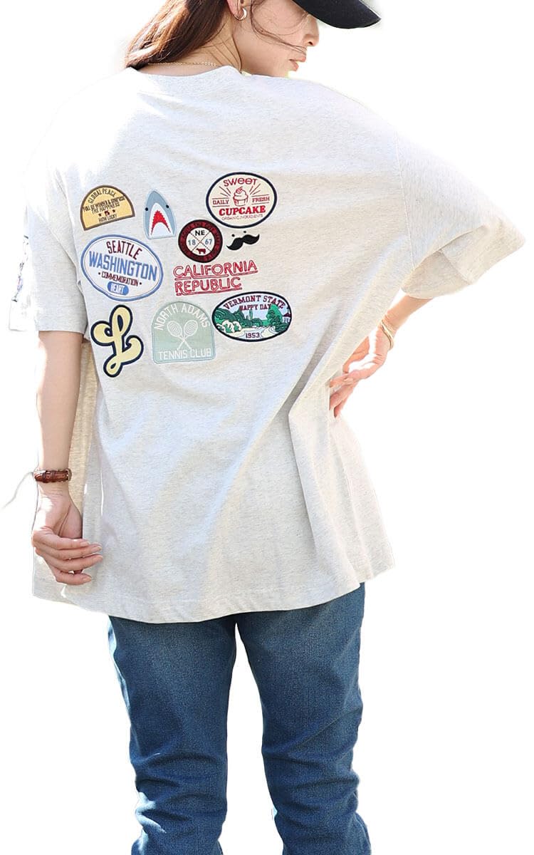 

Футболка большого размера с коротким рукавом, коротким рукавом, нашивкой-логотипом, круглым вырезом, эластичная, весна, лето, осень, овсянка [золотая Япония], женская