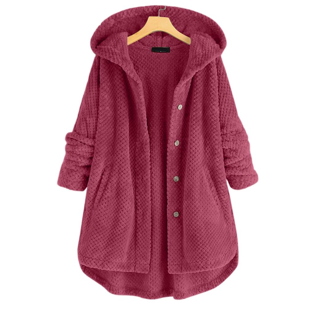 Women's Button Plush Hooded Double-faced Fleece Sweatshirt Fashionable Mid-length Coat