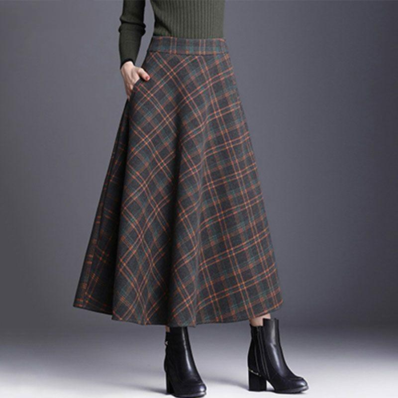 Winter New Fashion Versatile High Waist Woolen Half Skirt Women's Printed Plaid Patchwork Pockets Warm A-line Large Swing Skirt