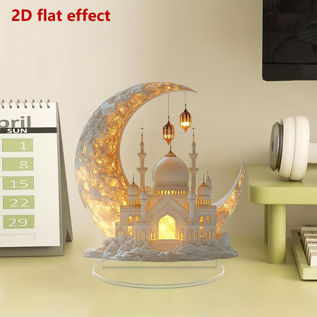2D Acrylic Moon Mosque Flat Ornament, Ramadan Desktop Sculpture Craft, Home Office Tabletop Decoration, Islamic Eid Mubarak Festival Decor Gift