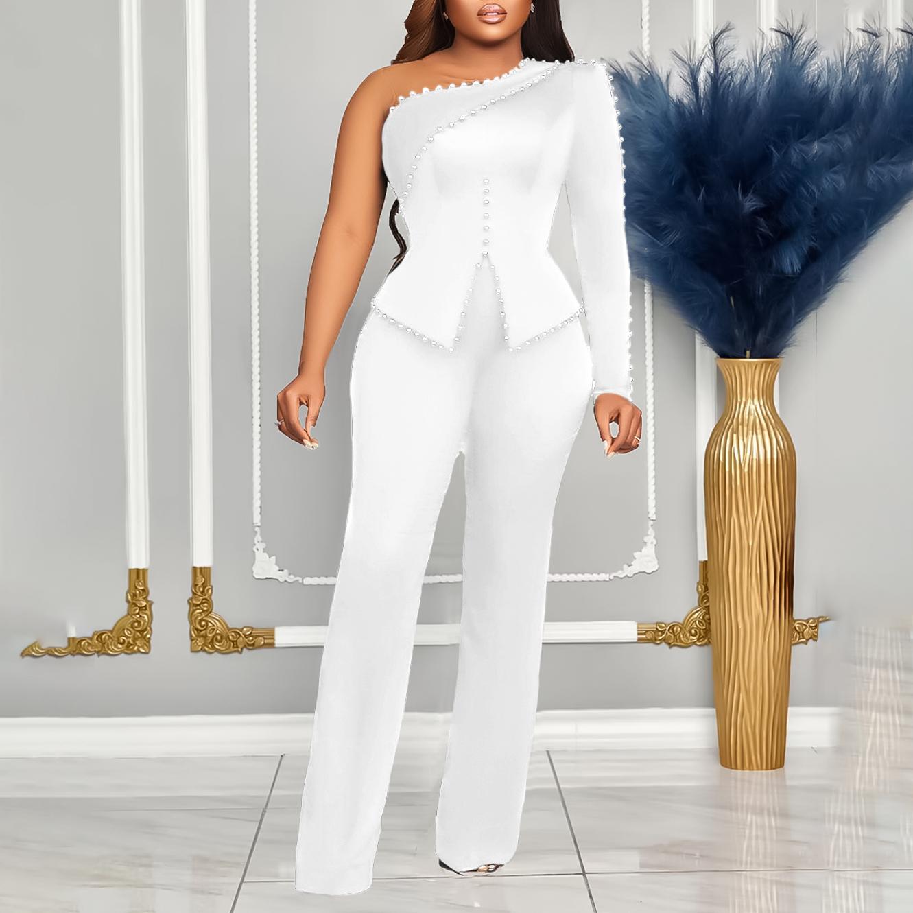 

Women 2 Pieces Sets Plus Size Xxxl One Shoulder Beaded Long Sleeve Shirt Outfits Casual Trousers Elegant Clothes Pant Sets XXL білий