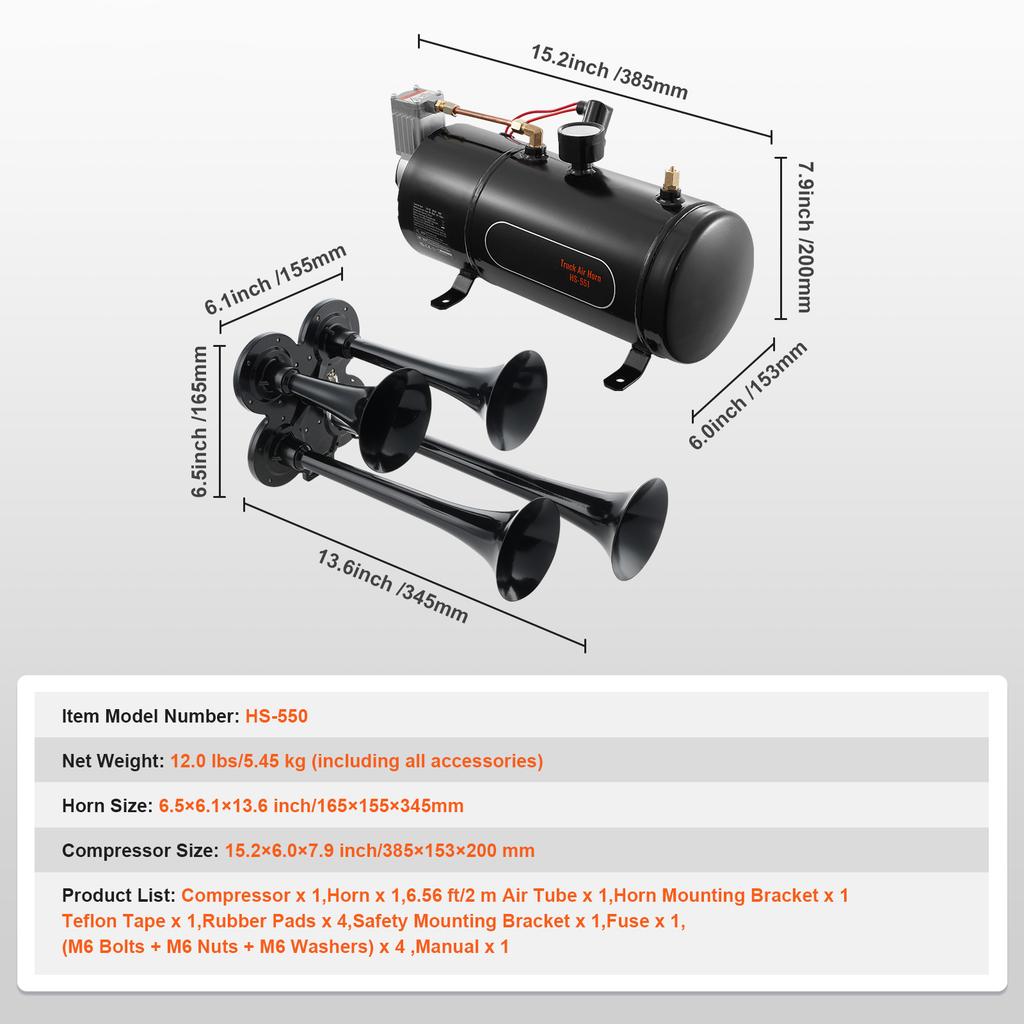 SucceBuy Train Horns Kit 4 Trumpet Air Horn Kit 150dB Train Horns 12V Air Compressor with 3/6/10L Tank, for Pickup Trucks Train