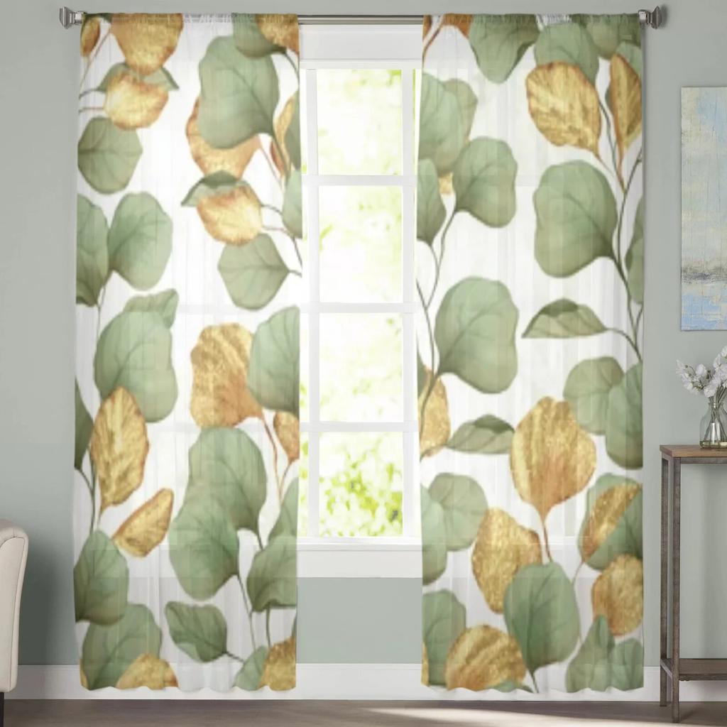 Green And Gold Leaves Sheer Curtains For Living Room Window Transparent Voile Tulle Curtain Bedroom Drapes Home Decor