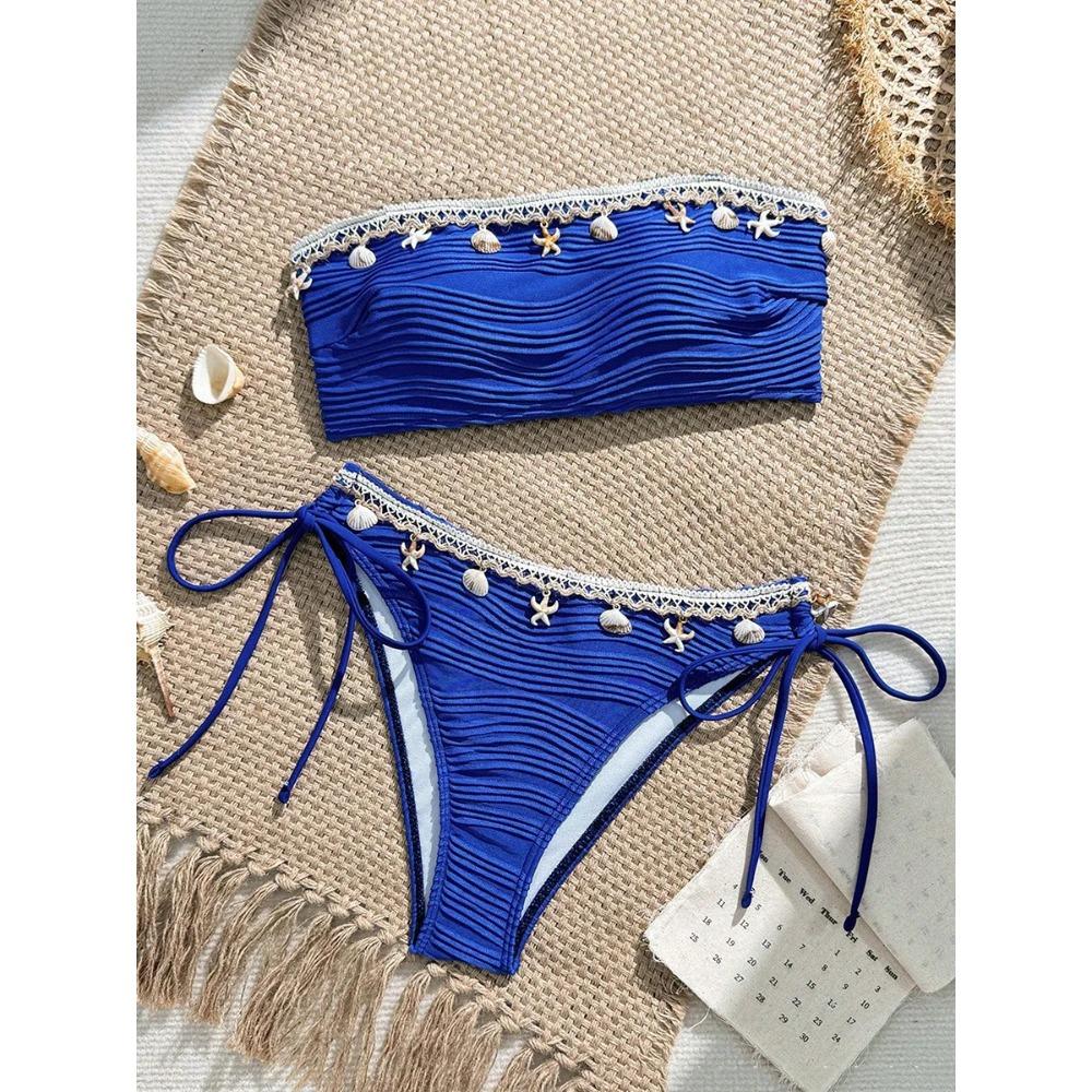 XS - XL Bandeau Wrinkled High Cut Bikini Women Swimwear Female Swimsuit Two-pieces Bikini Set Shell Bather Bathing Suit Swim