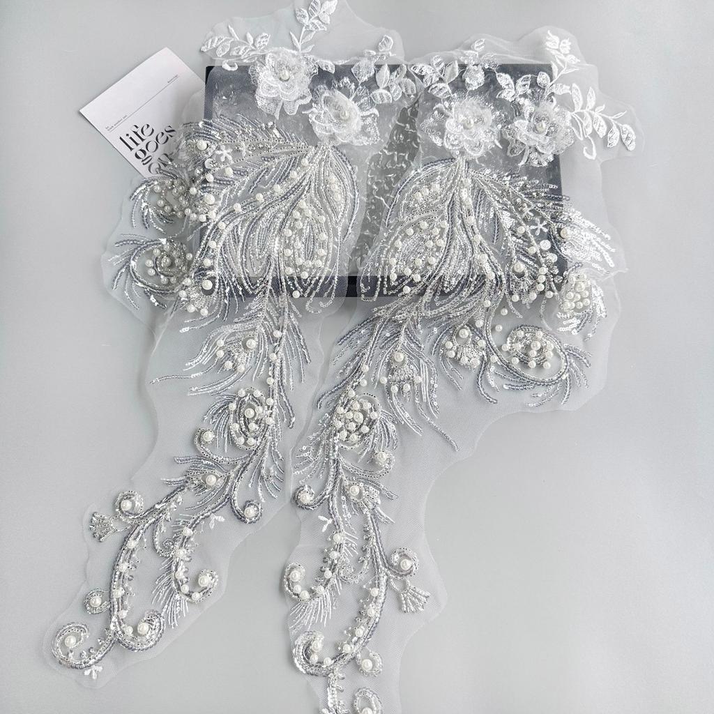 White Mesh Bead Sequined Pair Of Flower Cloth Stickers Clothing Evening Dress Wedding Dress Decoration Bead Cloth Stickers Accessories