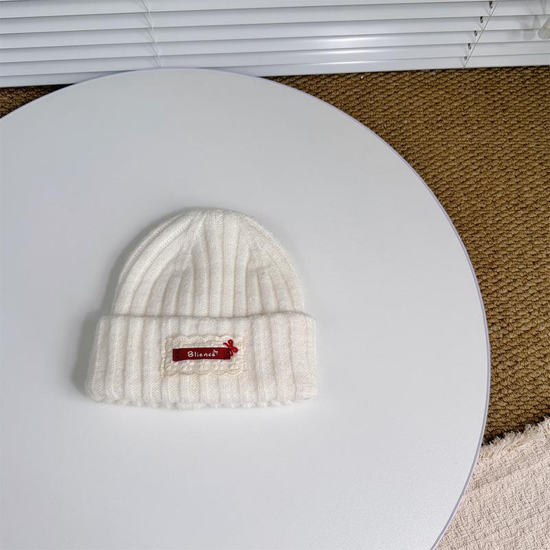 Children's Knitted Hat Lace Cloth Label English Embroidery Wool Beanie Autumn and Winter Warm Thickened Baby Ear Protection Hat