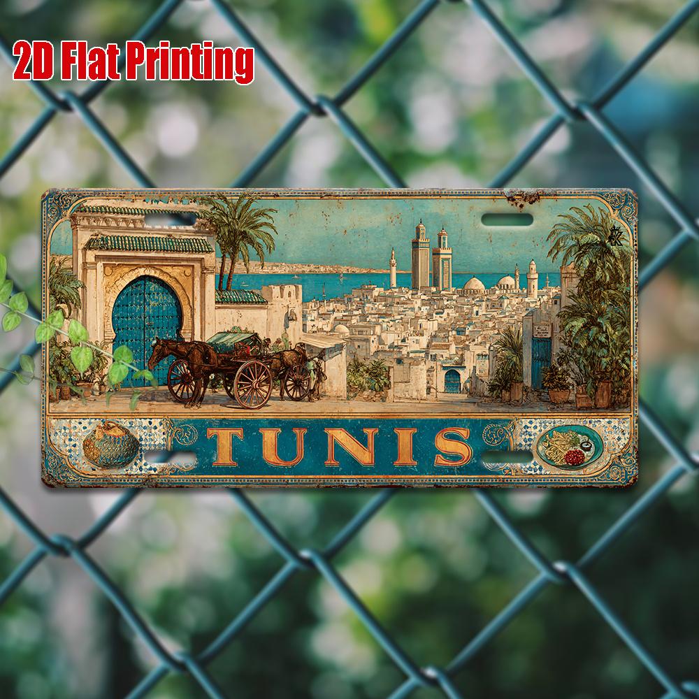 2D Flat Piece, Vintage Metal License Plate, TUNIS Aluminum Logo with Market and Mosque Scene, Suitable for Homes, Bars, Cafes