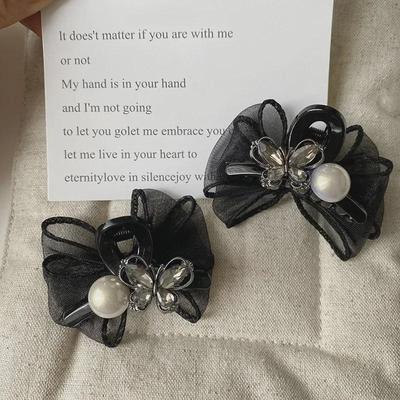 Elegant 6cm Pearl Rhinestone Bow Mesh Shark Hair Clip