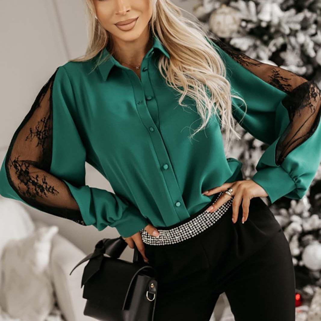 

Женская рубашка с длинными рукавами из сетчатой ткани с эффектом сращивания на весну и лето XXL зелёный