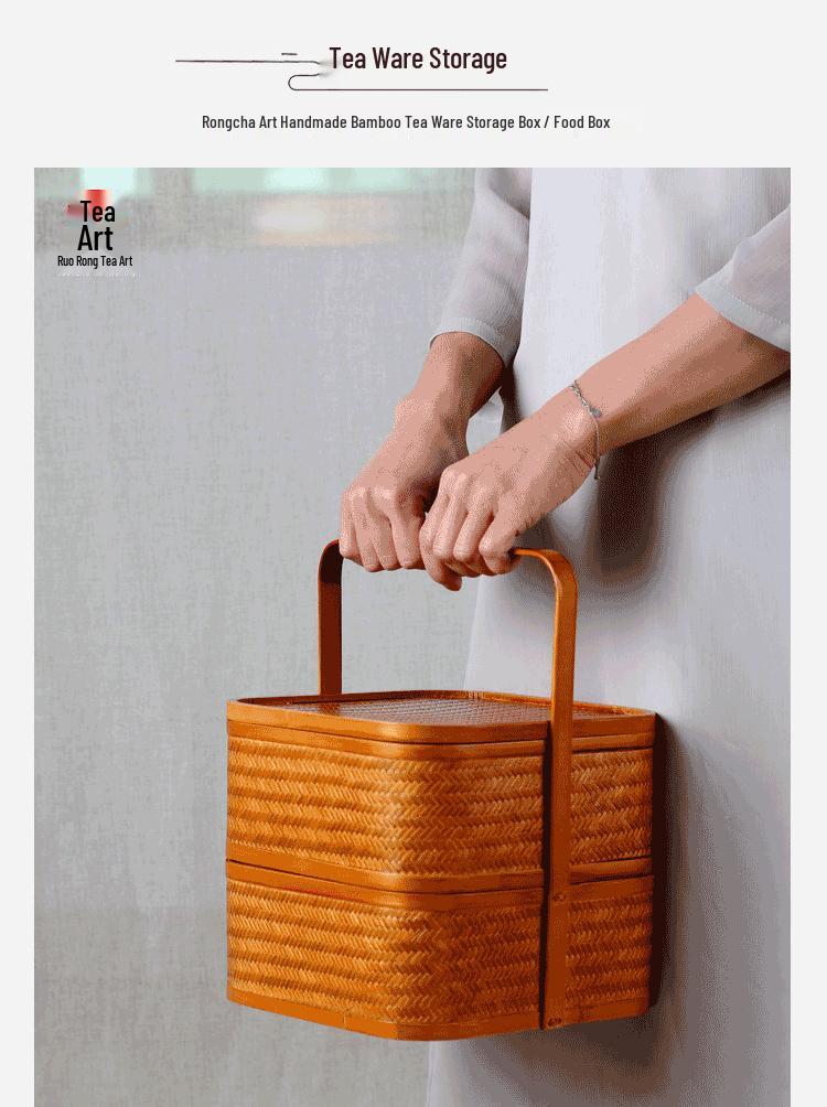 Retro Bamboo Woven Basket for Tea Set Storage | Bamboo Handle Food Container | Chinese Gongfu Tea Storage Box