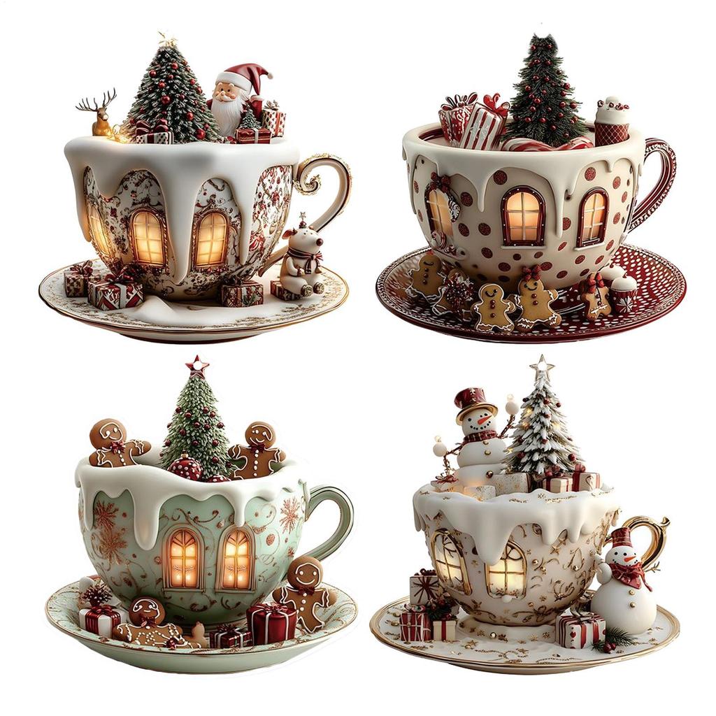 Acrylic coffee cup ornament 2D Art Keychain Pendant Christmas Snow House Pendant Decoration Christmas tree Ornaments