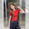 Super good-looking round neck front shoulder short-sleeved T-shirt for women's summer hollowed-out halter lace-up slim sweet Spice Girl small top