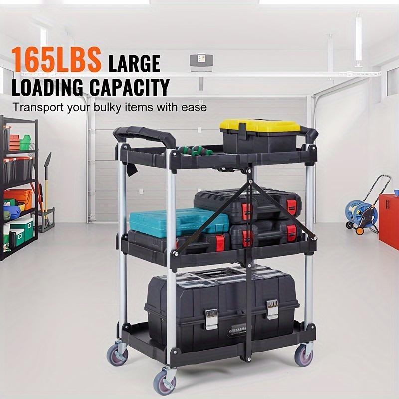 No Assembly Foldable Service Carts with Wheels 3 Tier Portable Utility Rolling Tool Garage Cart Collapsible Storage Cart