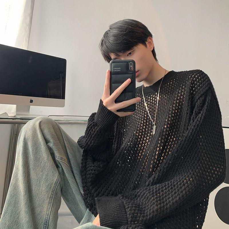 Men's 2023 Autumn Trendy White Hollow-Out Ripped Loose Knit Sweater, Korean Style.