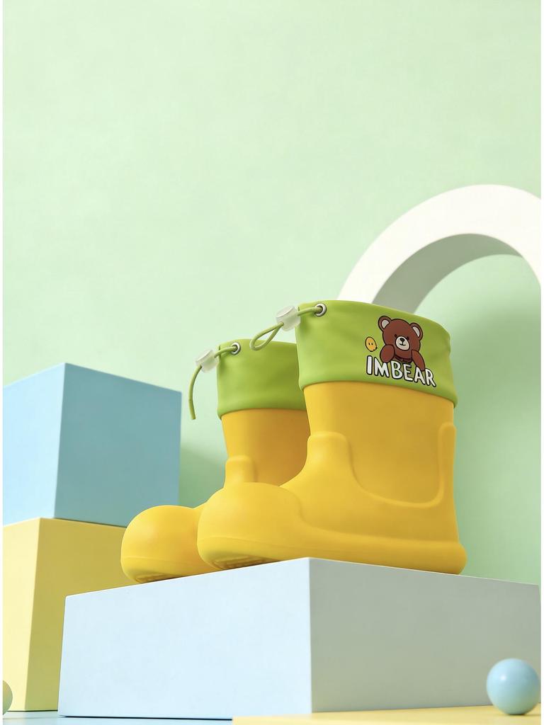 Pink Macaron Bear Pattern Kids' Non-Slip Waterproof Rain Boots - Cute and Soft for Babies and Kindergarteners