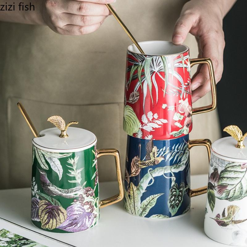 Golden Edged Ceramic Mug Spoon Lid Flower Bird Breakfast Cup Large Capacity Water Cups Coffee Cup Milk Tea Cups Flower Tea Mug