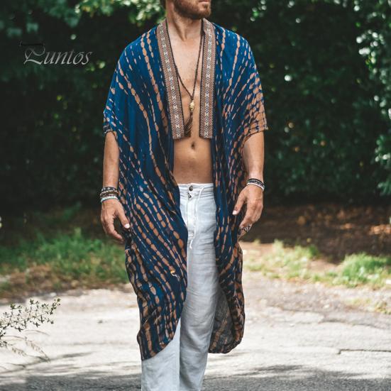 Men Beach Coat Retro Style Mid-Length Loose Fit Printing Sun Protection Jacket Open Front Long Outwear