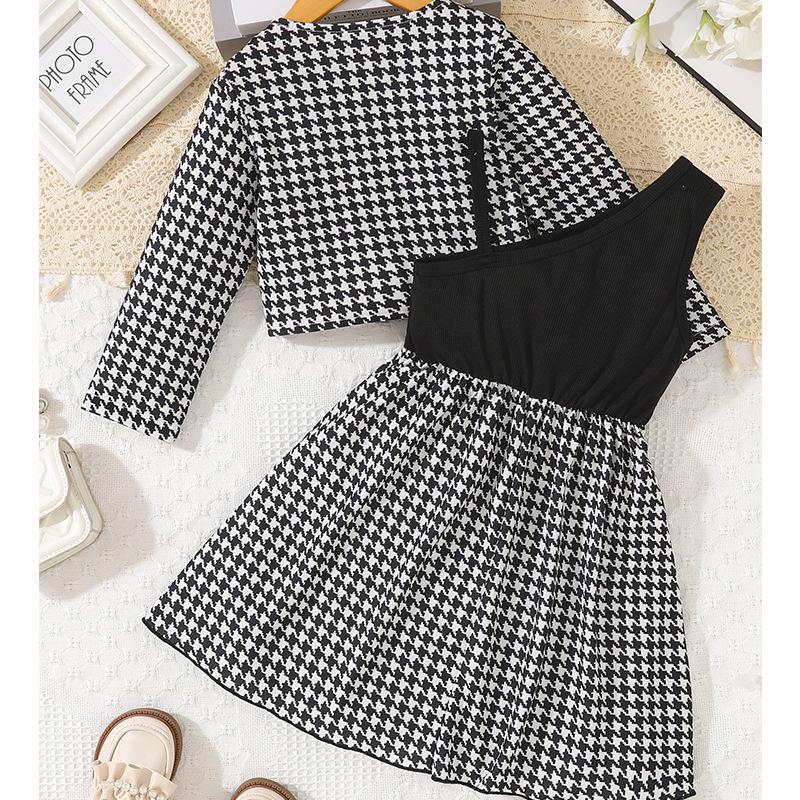 Girls' Houndstooth Two-Piece Set: Long-Sleeve Jacket with Bow A-Line Skirt