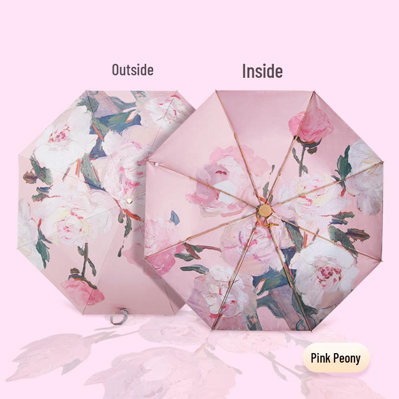Automatic Black Glue Peony Sun & Rain Umbrella - Double-Layer Anti-UV, Oil Painting Design