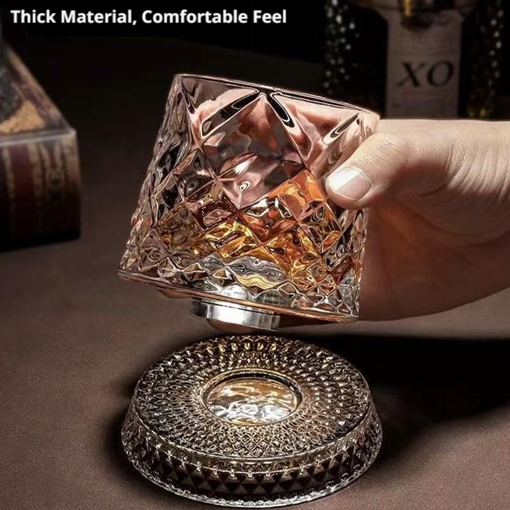 280ml Crystal Rotating Whiskey Glass with Base Diamond Cut Ice Flower Bubble Pattern Spinner Cup for Home Bar Party Gifts