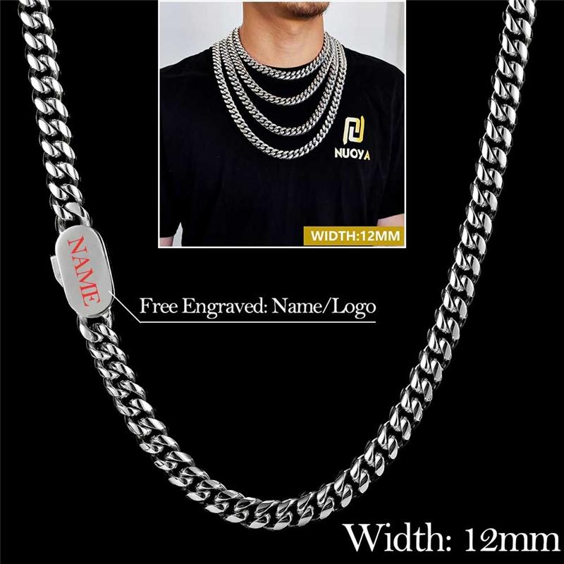 Custom Logo 12MM Cuban Link Necklace for Men Stainless Steel 18K Gold Hip Hop Chain Fine Jewelry