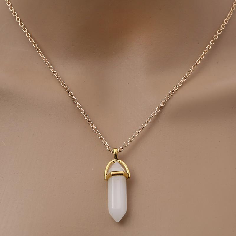 Fashion Quartz Crystal Necklace Chakra Rose Bule Purple Natural Stone Pendant Necklace Hexagonal Bullet Reiki Hippie Necklace