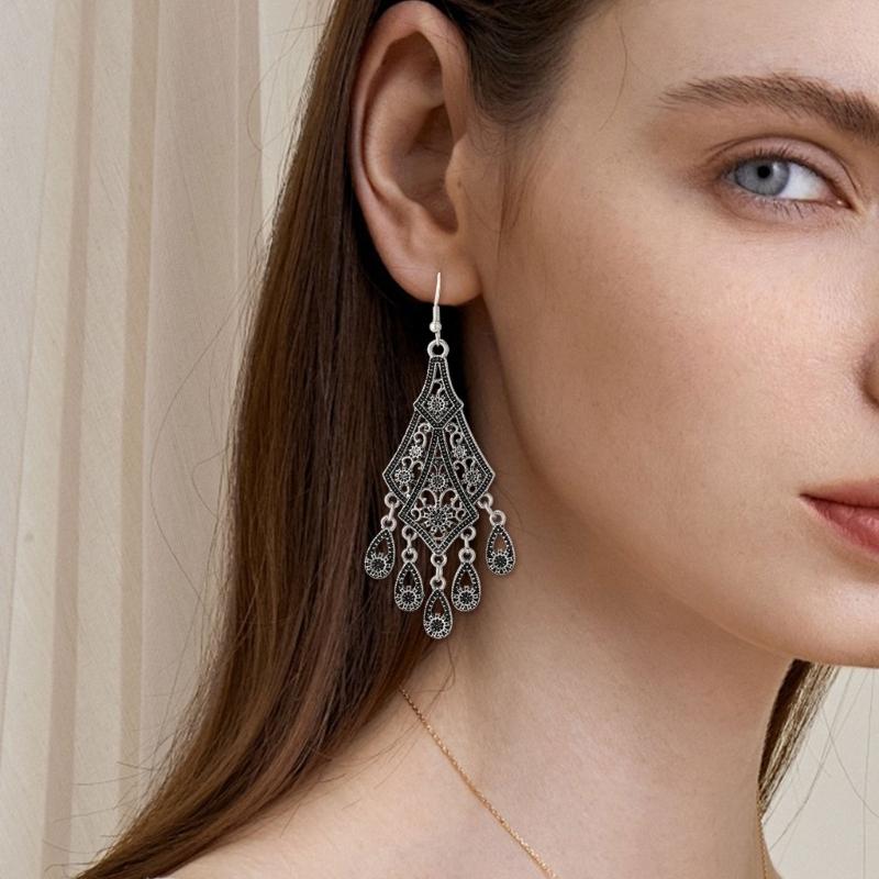 Vintage Hollow Out Droplet Flower Tassels Earrings Zinc Alloy Lightweight Dangle Jewelry for Women