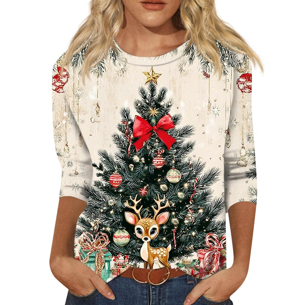 Women's Fashion Casual Round Neck 3/4 Sleeve Loose  Printed T-Shirt Ladies Top
