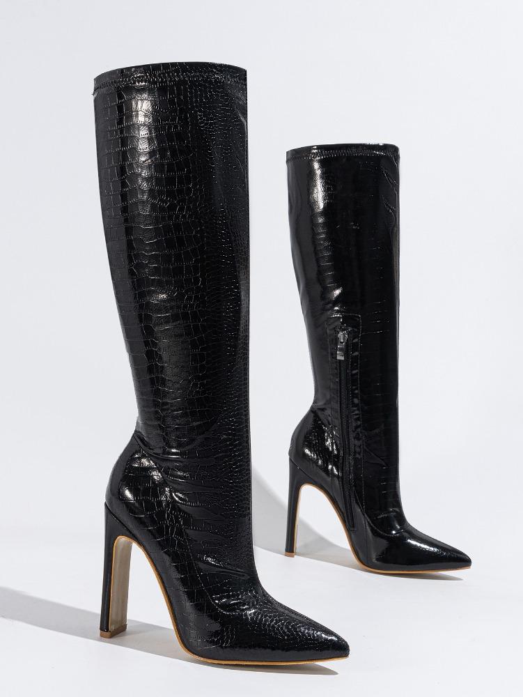 Sexy Women Biker Boots Winter New Side Zipper Fashion Stripper Stretch Knee High Boots Pointed Toe Plaid High Heels Party Botas