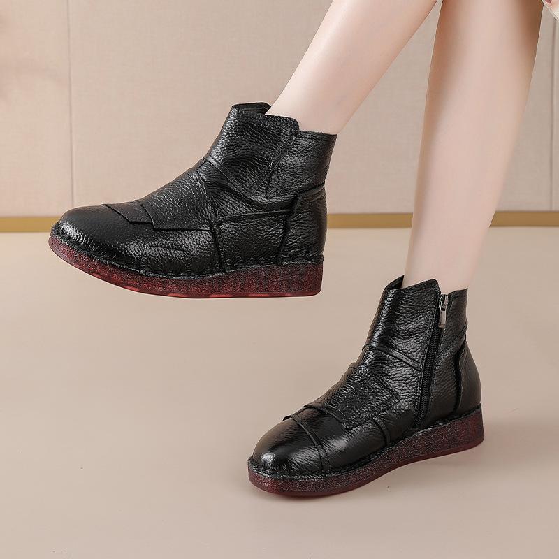 Johnature Mixed Colors Genuine Leather Women's Short Boots Ethnic Style Warm Comfortable Flat Cotton Shoes