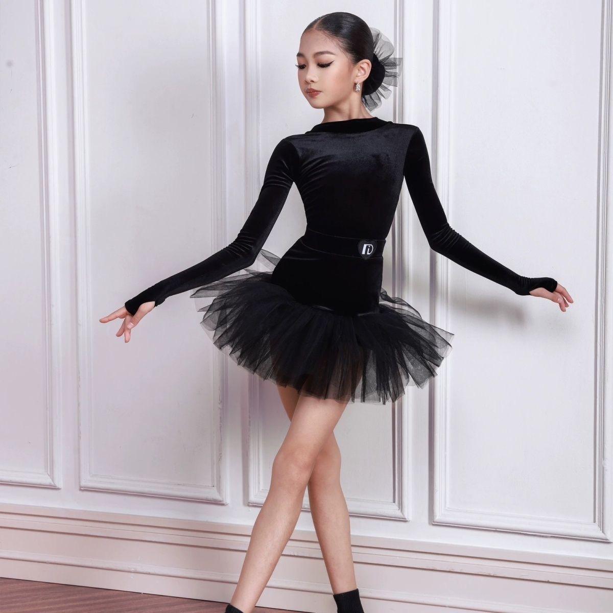 

black long sleeve latin dance dress dance suit tutu latin american dance dress girl Line dance clothing dance wear suit 170 чорний