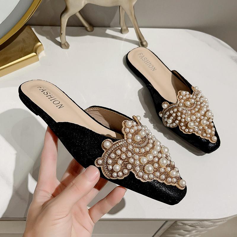 Fashion Luxury Pearl Ornaments Mules Slides Woman Elegant Point Toe Lace Sandals Ladies Chic String Bead Evening Party Flat Dress Shoes