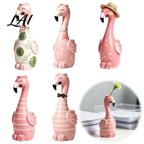 Pink Desk Ornament for Girls Cute Resin Flamingo Decorative Vase Flower Holder Figurine Statues Living Room Tabletop Dried Artificial Flowers,