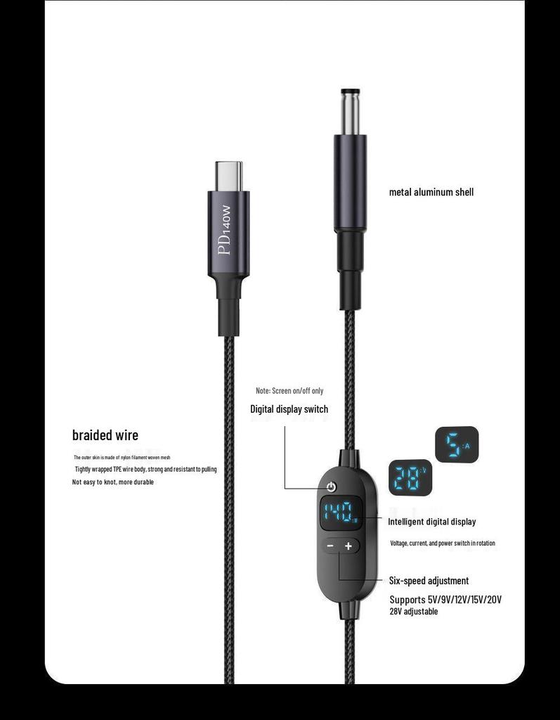 Adjustable Voltage Type-C To DC Charging Cable, 5V-28V, 140W PD Fast Charge with Round Hole DC 5.5