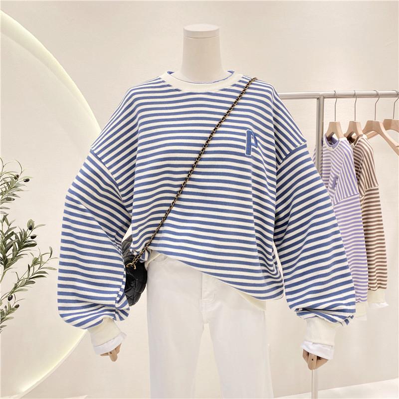 College Style Striped Sweatshirt For Women With Splicing Design And Long Sleeves