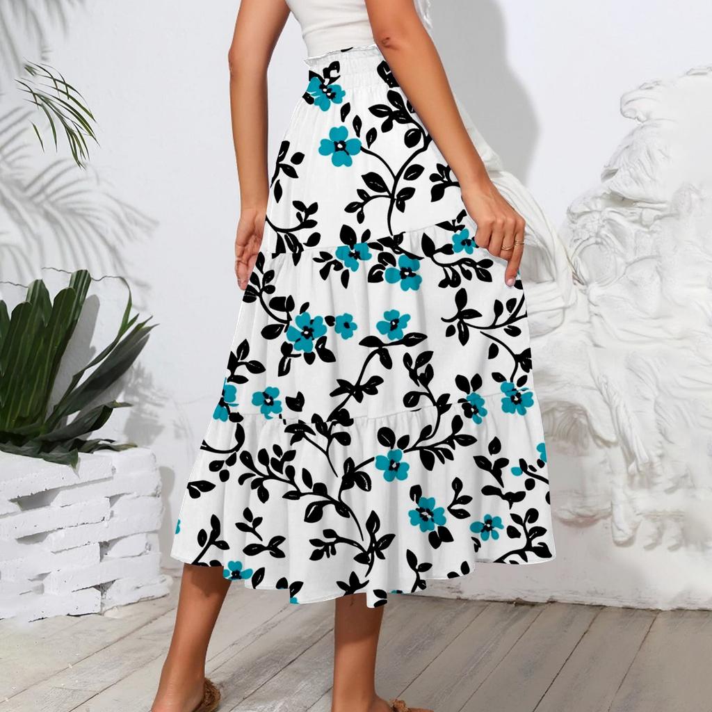 Women's Flowy Flared Ruffle Hem A Line Maxi Skirts Elastic Waist Elegant Tiered Layer Boho Long Skirts
