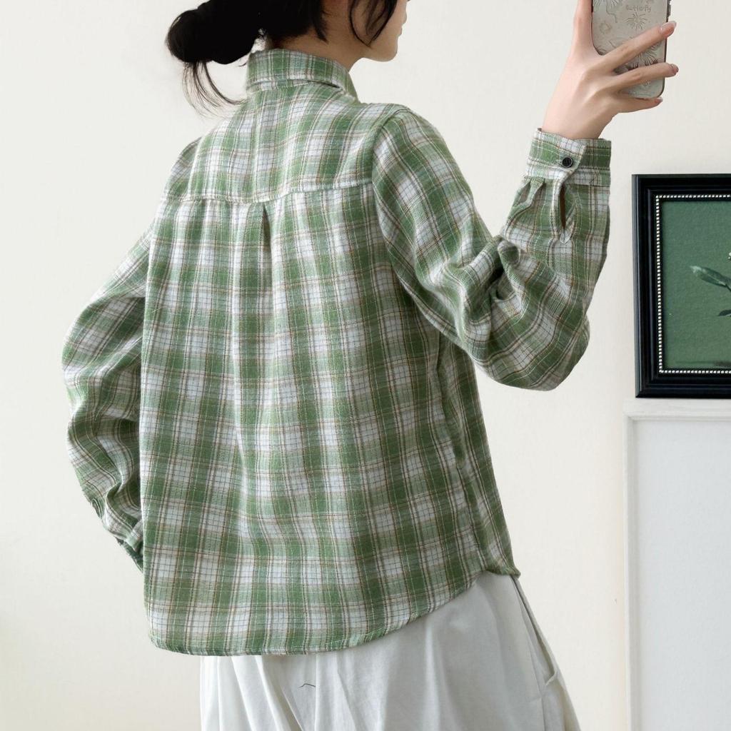 Women's Brushed Cotton Plaid Shirt - Green Cardigan Blouse, Long Sleeve, Spring/Autumn 2026