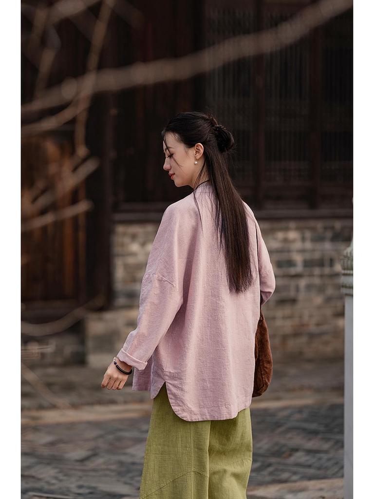 Spring Hemp Color Block Stand Collar Zen Jacket - Women's Cotton Linen Chinese Style Cardigan