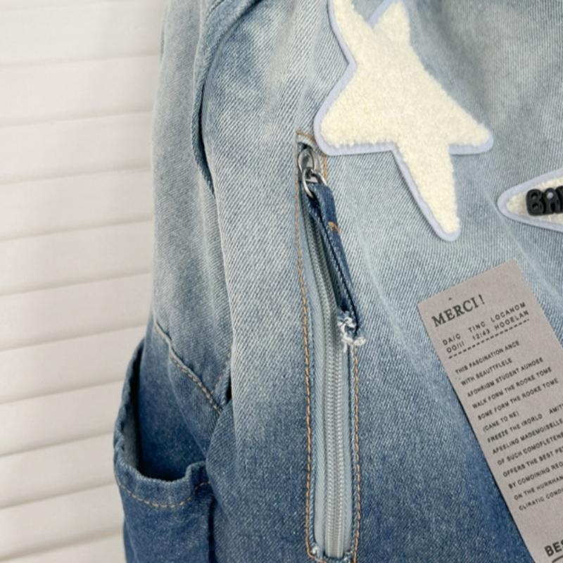 Gradientní džínový hvězdný batoh ve vintage stylu, unisex školní taška pro teenagery a vysokoškoláky, lehký prodyšný cestovní denní batoh