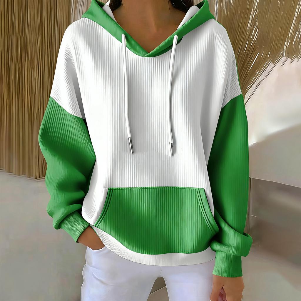 Women's Loose And Comfortable Drawstring V-neck Long Sleeved Color Blocking Hoodie