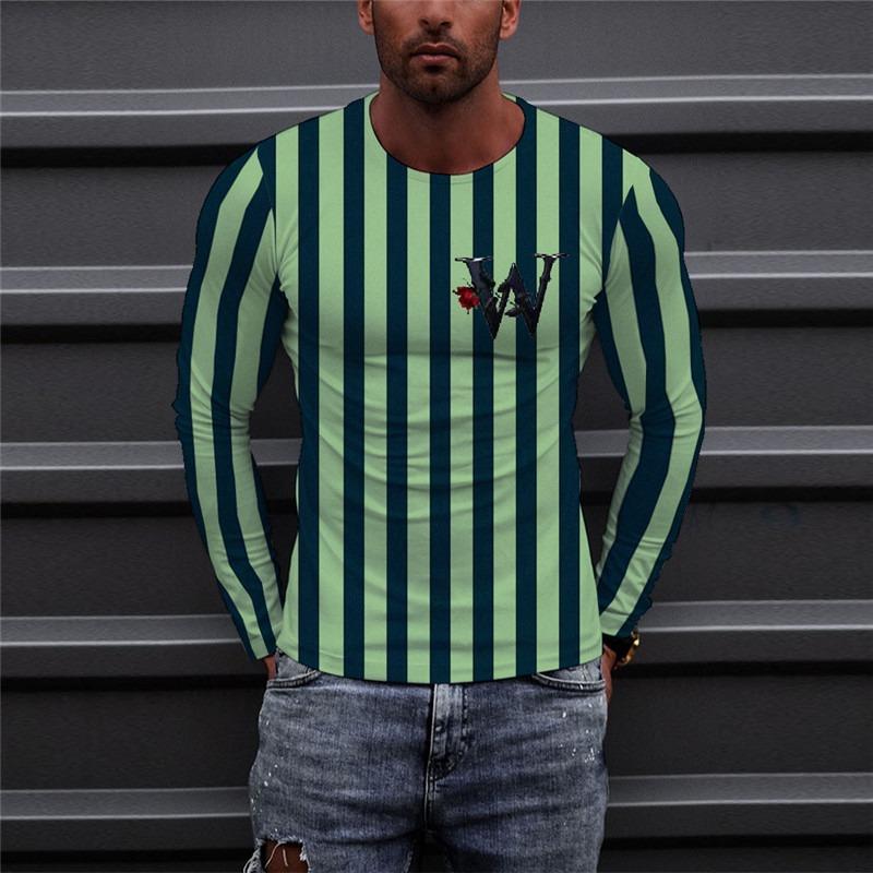 Long Sleeve Striped Men's Fashion T-Shirts Loose Casual Oversize Breathable Tops 3D Printed Letters Street Hip Hop Male Top Tee