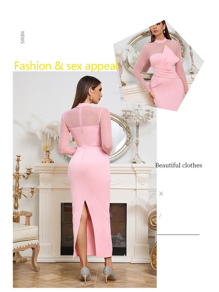 Elegant European & American Style Round Neck Mesh Long Sleeve Bodycon Dress