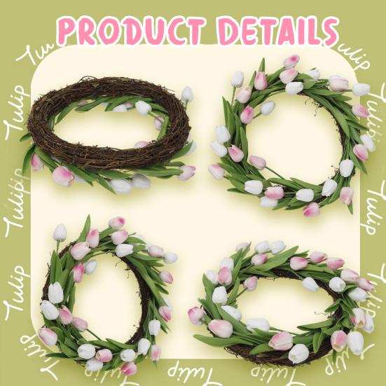 Artificial Tulip Wreath with Vine Base Lifelike Floral Door Wall Hanging Decor for Home Garden Party Fade-Resistant Reusable Spring Home Decoration