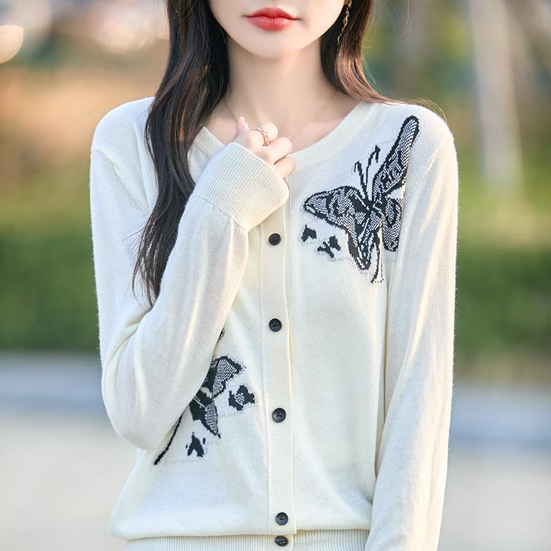 2025 Spring/Summer Women's Butterfly Intarsia Knitted Wool Cardigan – Loose Fit, Round Neck, Long Sleeve