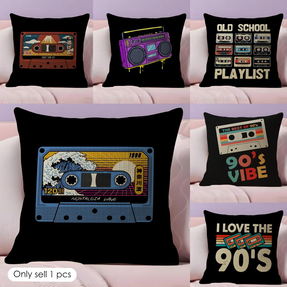 Vintage Retro Cassette Tape Cushion Cover Summer Coolness Linen Fabric Double-Sided Printing Pillow Case Sofa Home Decor Gift