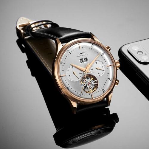 Carnival Men's Automatic Skeleton Leather Watch in Rose Gold and White