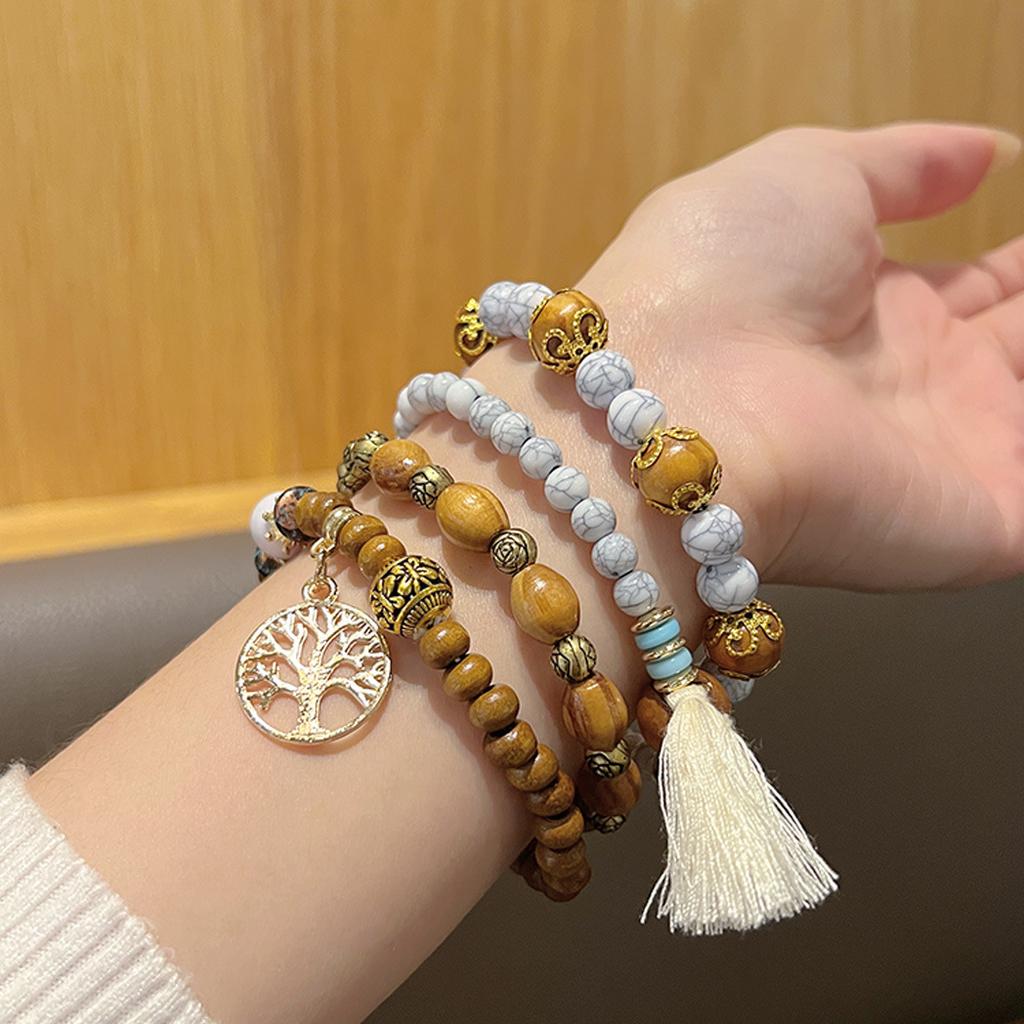 Bohemian Bracelet Set for Women, Layered Beaded Stackable Bracelets with Tree of Life Charm & Tassel, Vintage Ethnic Boho Jewelry for Daily & Gift